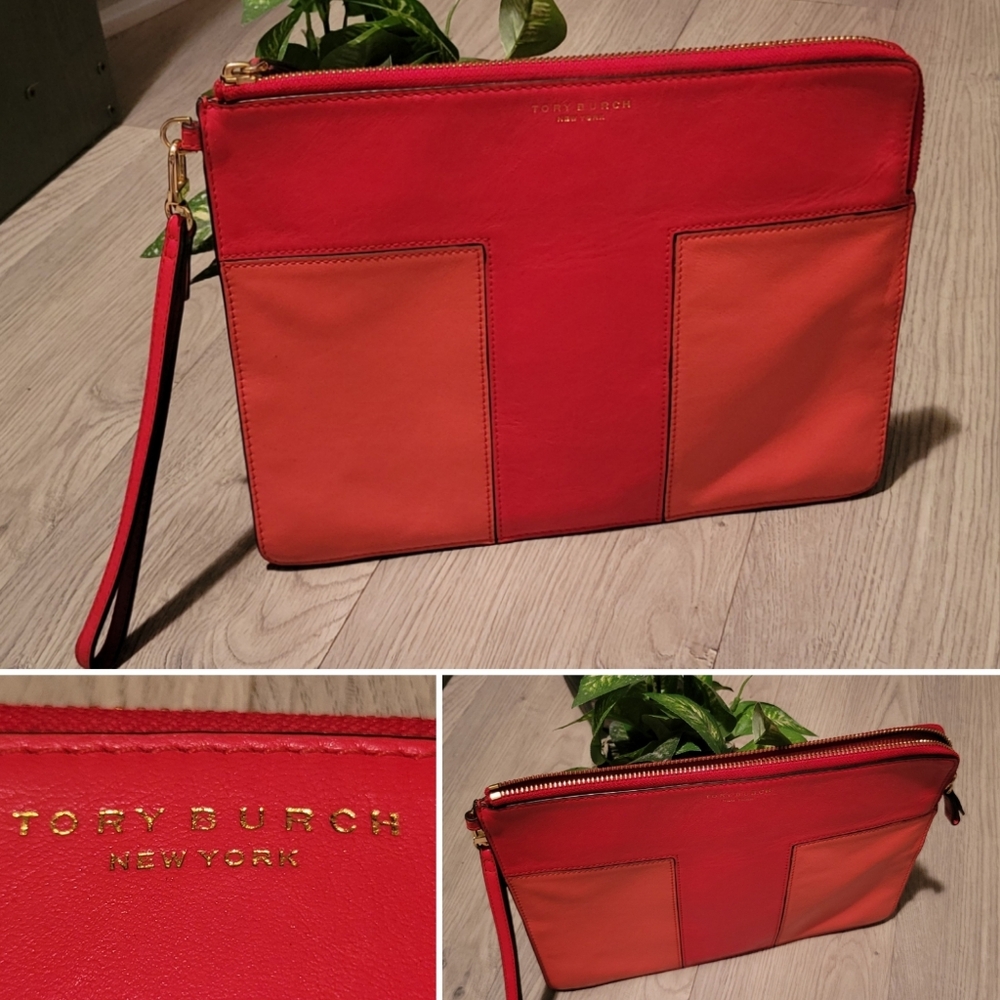 Tory Burch Block T Large Pouch Clutch Brilliant Red & Spiced Coral Leather, 11x8
